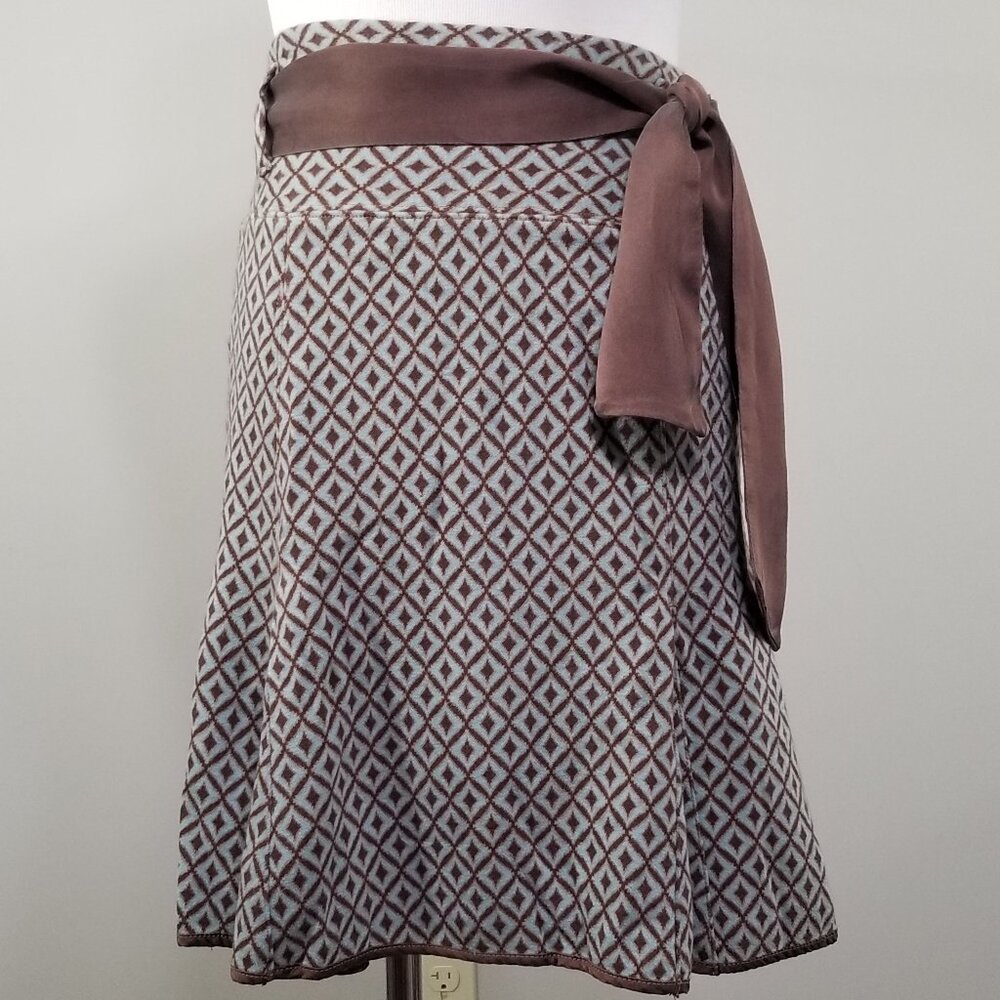 Free People Knit Brown Green Diamonds Skirt M Womens w/ Silk Self Tie Sash Belt
